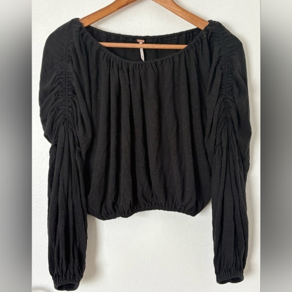 Free People Large Linen Blend Black Ruched Sleeve Blouse Elastic Band Hem